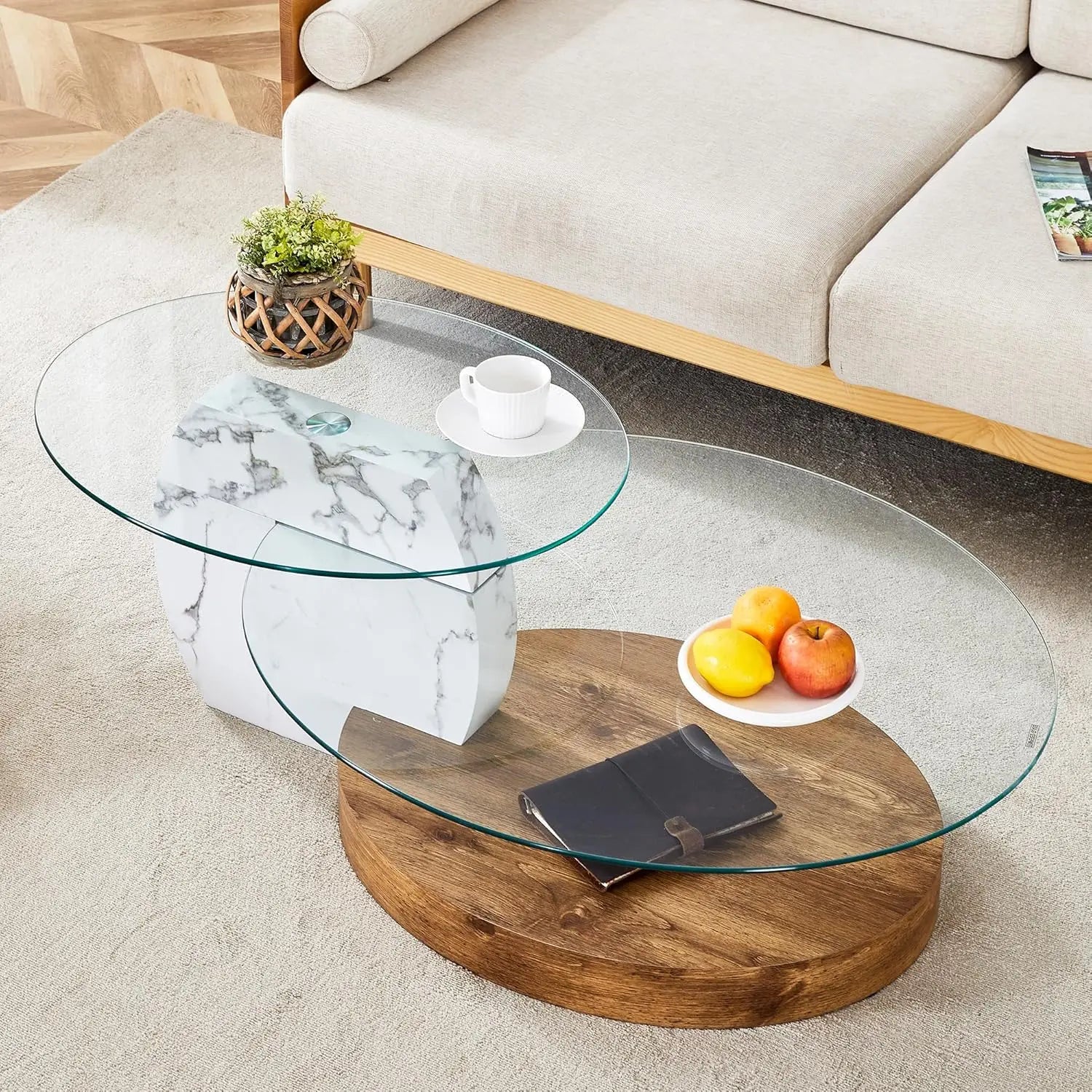 35" Round Tempered Glass Coffee Table. 3-Tier Design. Black Wooden Base.