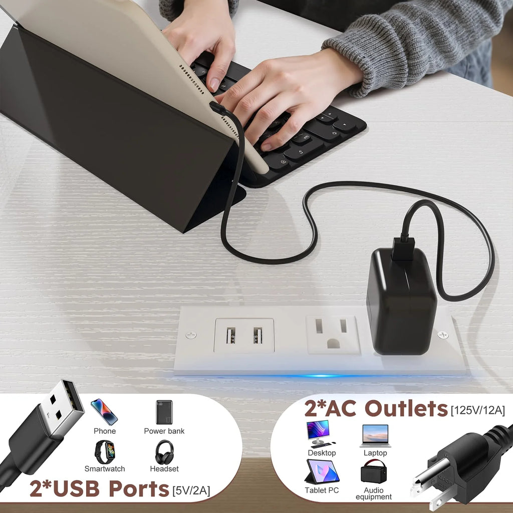Corner gaming desk includes outlets, LED lights, drawers, shelves, hooks.