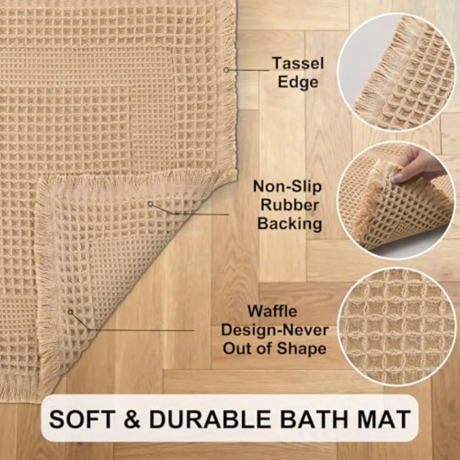 Washable Waffle Bath Mat, Super Absorbent Non Slip Bathroom Boho Rug with Tassels,