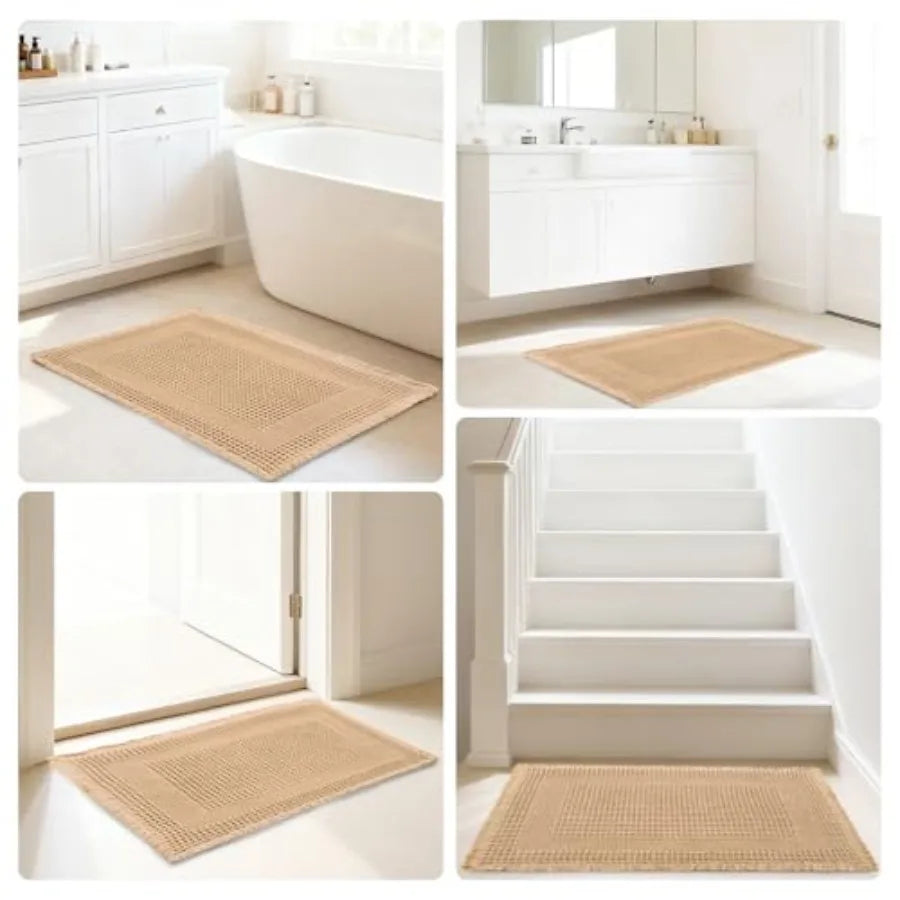 Washable Waffle Bath Mat, Super Absorbent Non Slip Bathroom Boho Rug with Tassels,