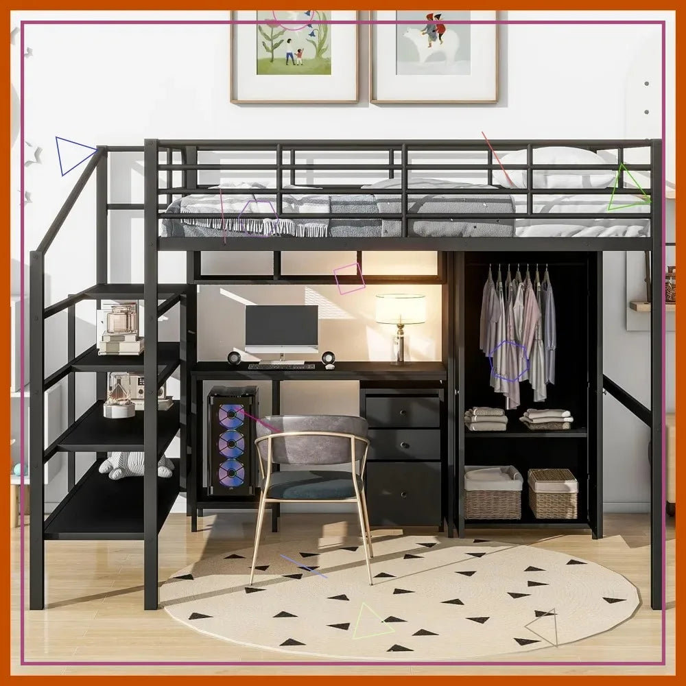 Full Size Loft Bed with Desk, Wardrobe & Stairs - Heavy Duty Metal Frame