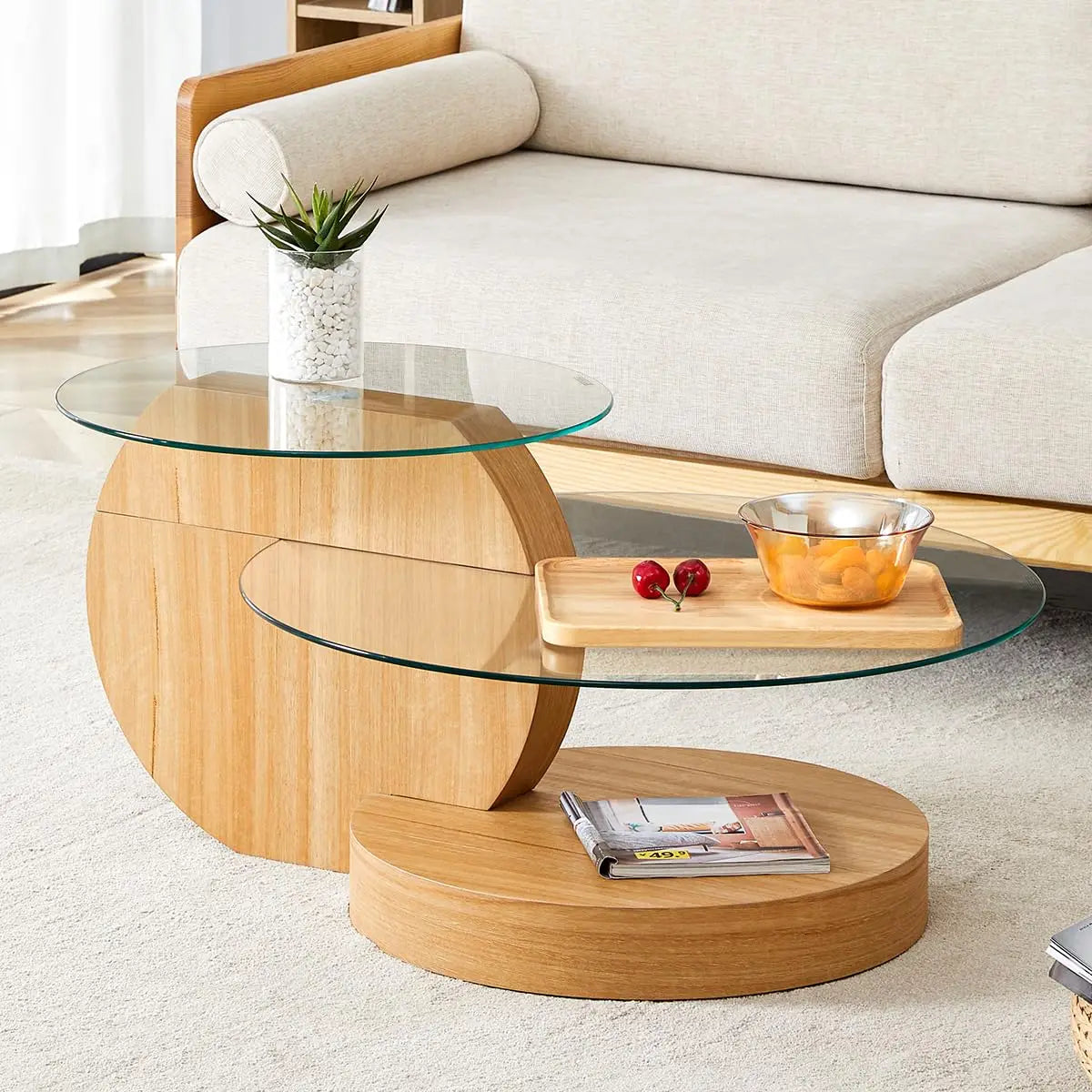 35" Round Tempered Glass Coffee Table. 3-Tier Design. Black Wooden Base.