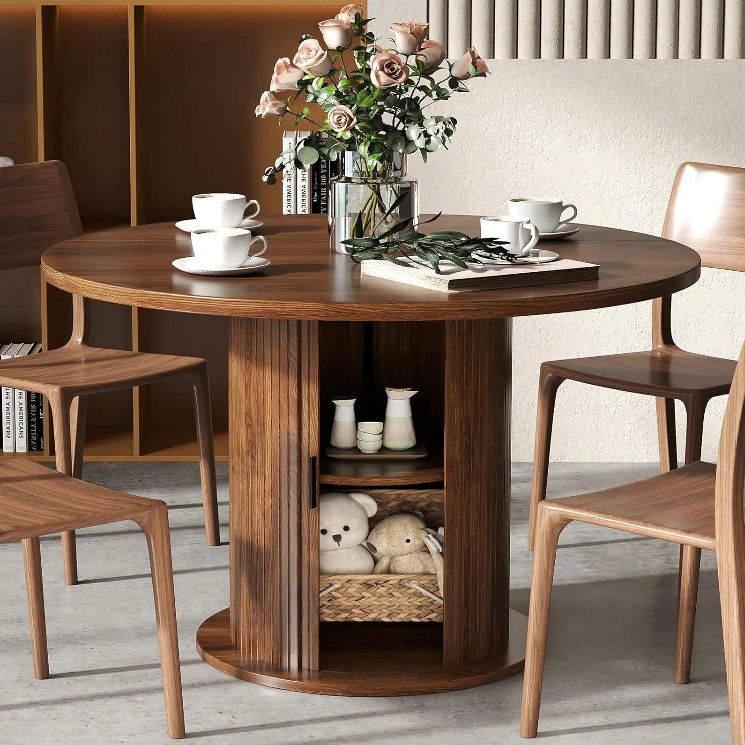 47" Round Dining Table with Storage, Wood Strip Base