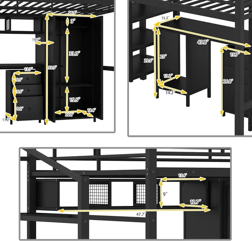 Full Size Loft Bed with Desk, Wardrobe & Stairs - Heavy Duty Metal Frame