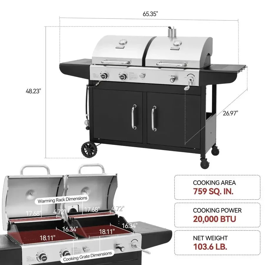 ZH3002N Propane Gas and Charcoal Grill Combo, Dual Fuel BBQ Grill with 2 Side Shelves