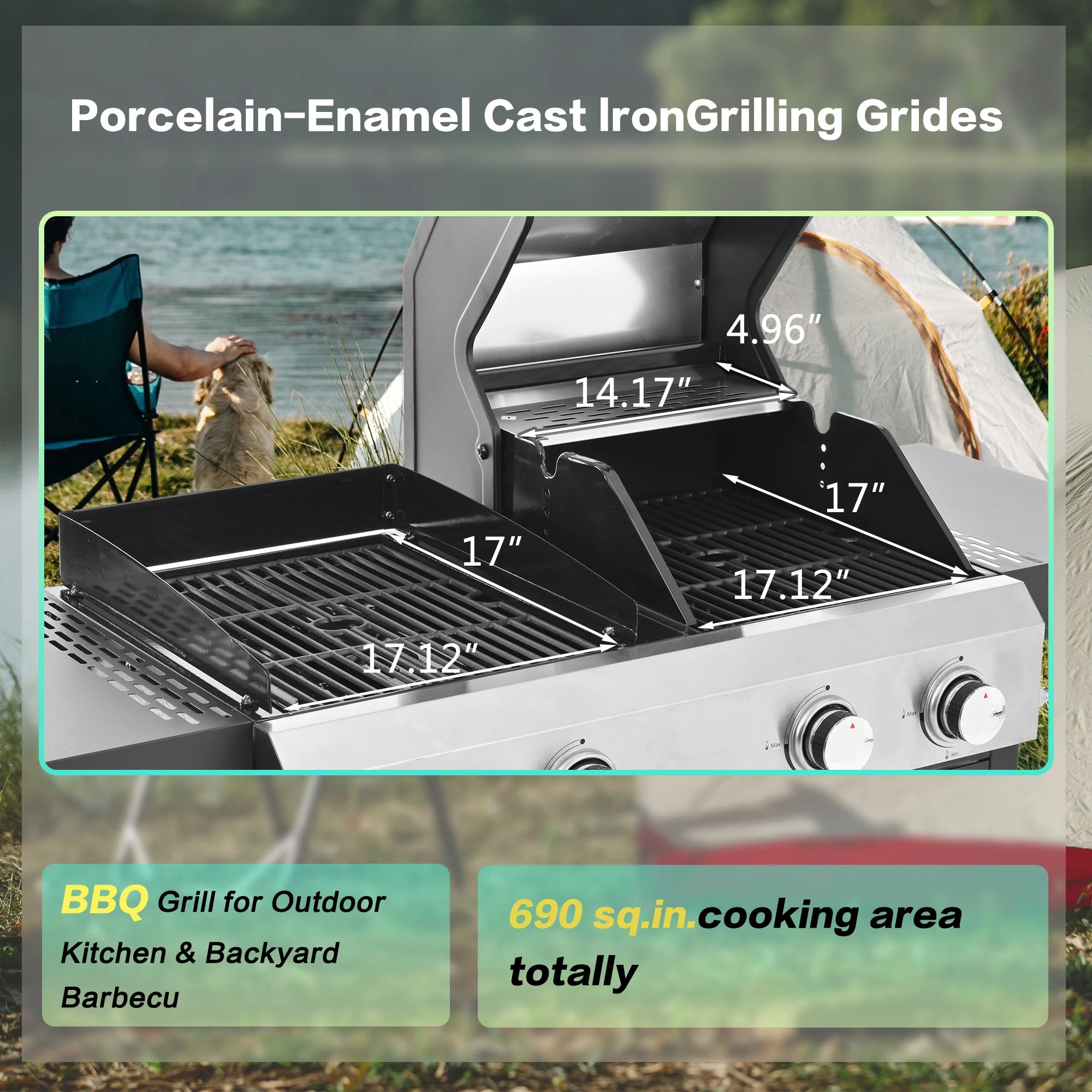 2+2 Burner Propane Gas Grill with Pizza Oven, 4-in-1 Outdoor BBQ Combo with Griddle, Stainless Steel