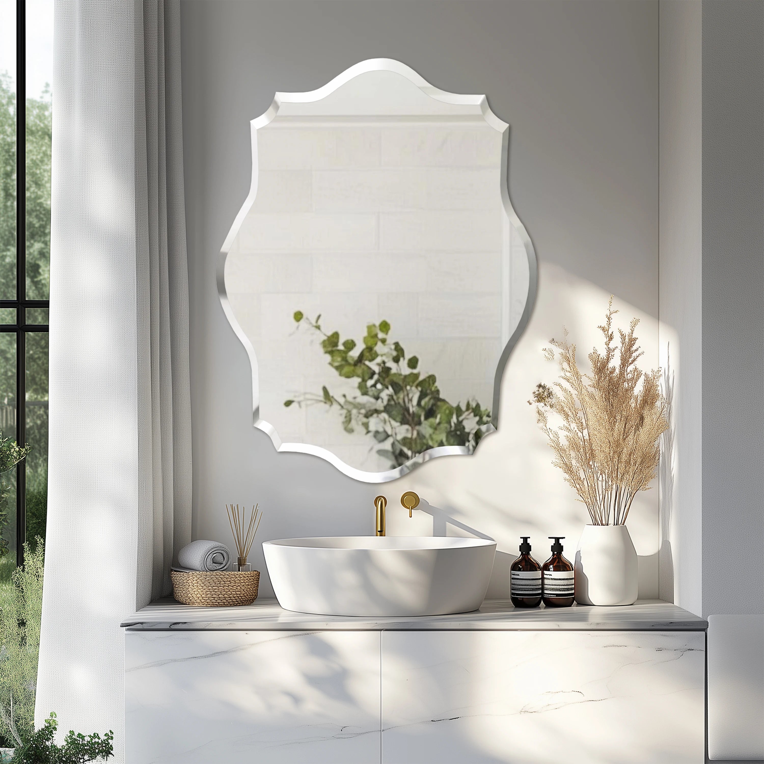 Wall Mirror Scalloped Frameless Beveled Edge Polished