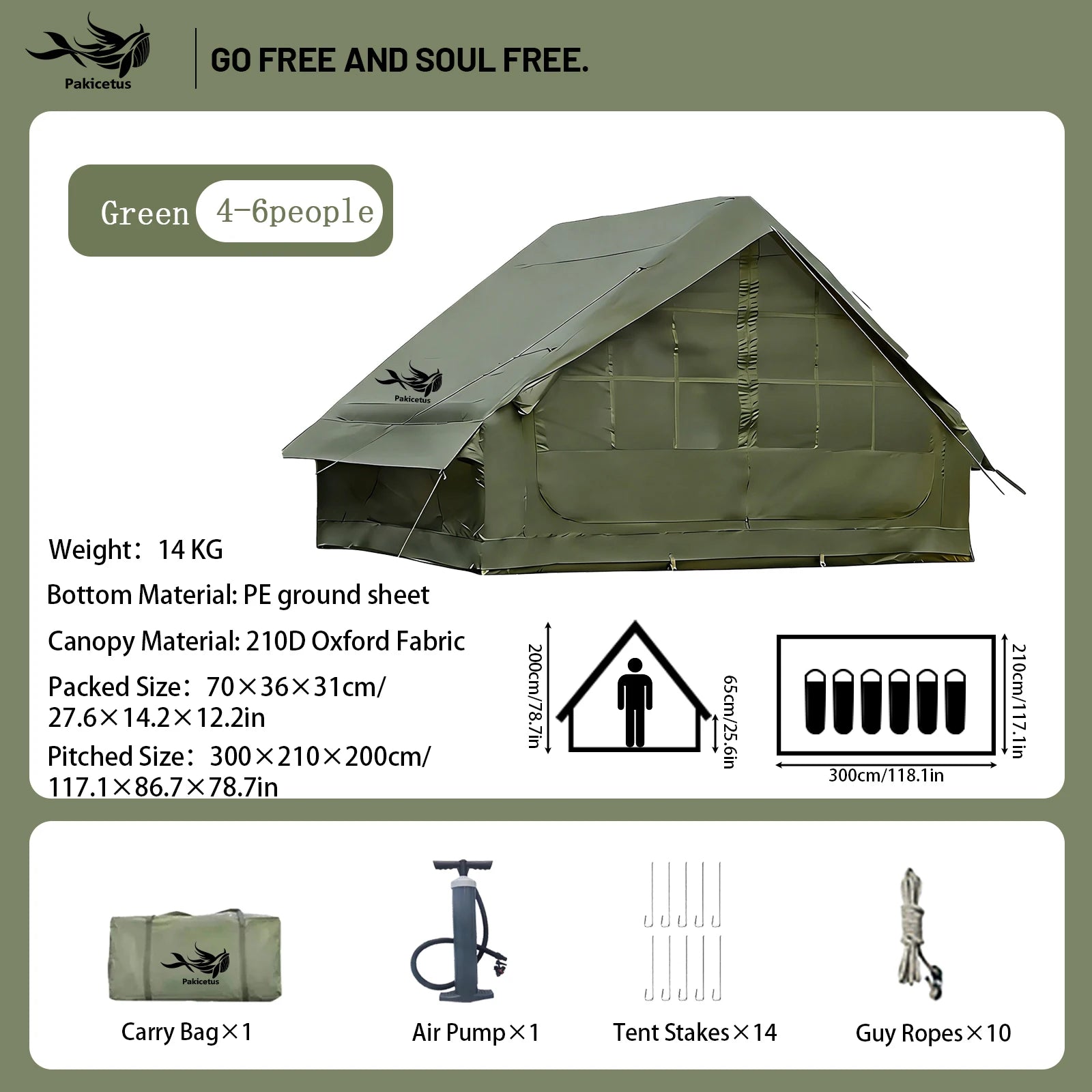 Pakicetus Quick Setup Inflatable Camping Tent, Waterproof Family Tent for 4-8 Persons,