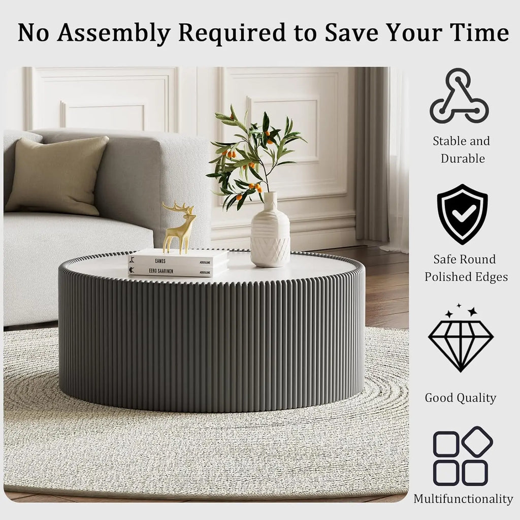 29.52" Grey Round Coffee Table Sintered Stone Top Fluted PU Leather Base