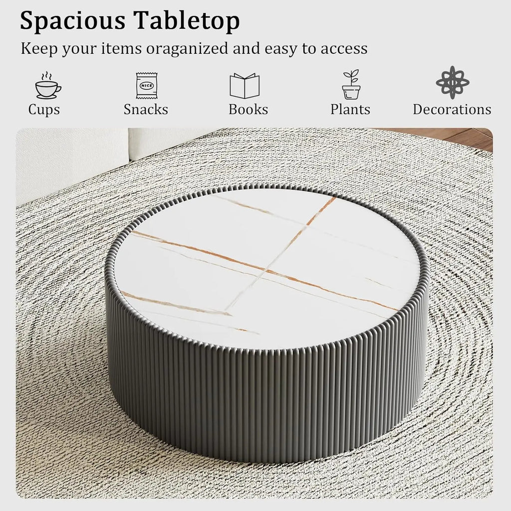 29.52" Grey Round Coffee Table Sintered Stone Top Fluted PU Leather Base