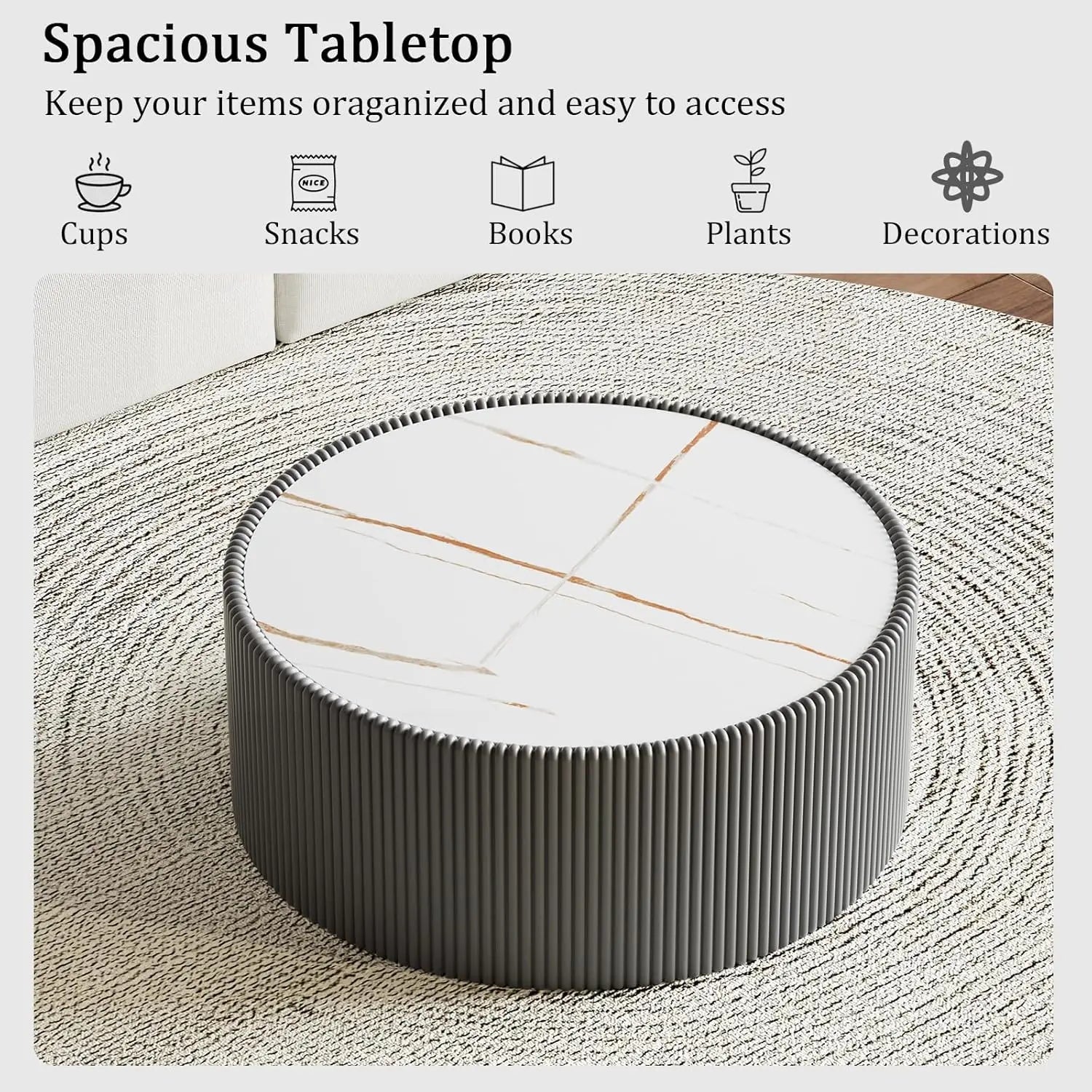 29.52" Grey Round Coffee Table Sintered Stone Top Fluted PU Leather Base