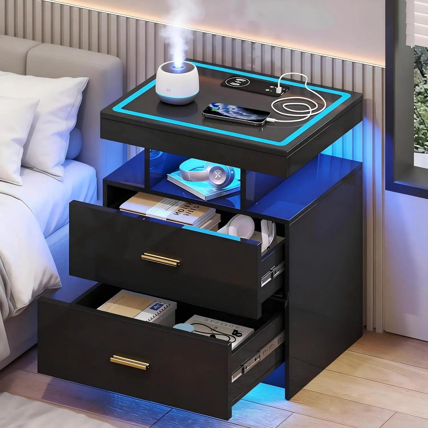 2 Set Nightstands with Wireless Charging Station for Bedroom, Auto Sensor 3 Color Dimmable LED End Table, Modern, Customized