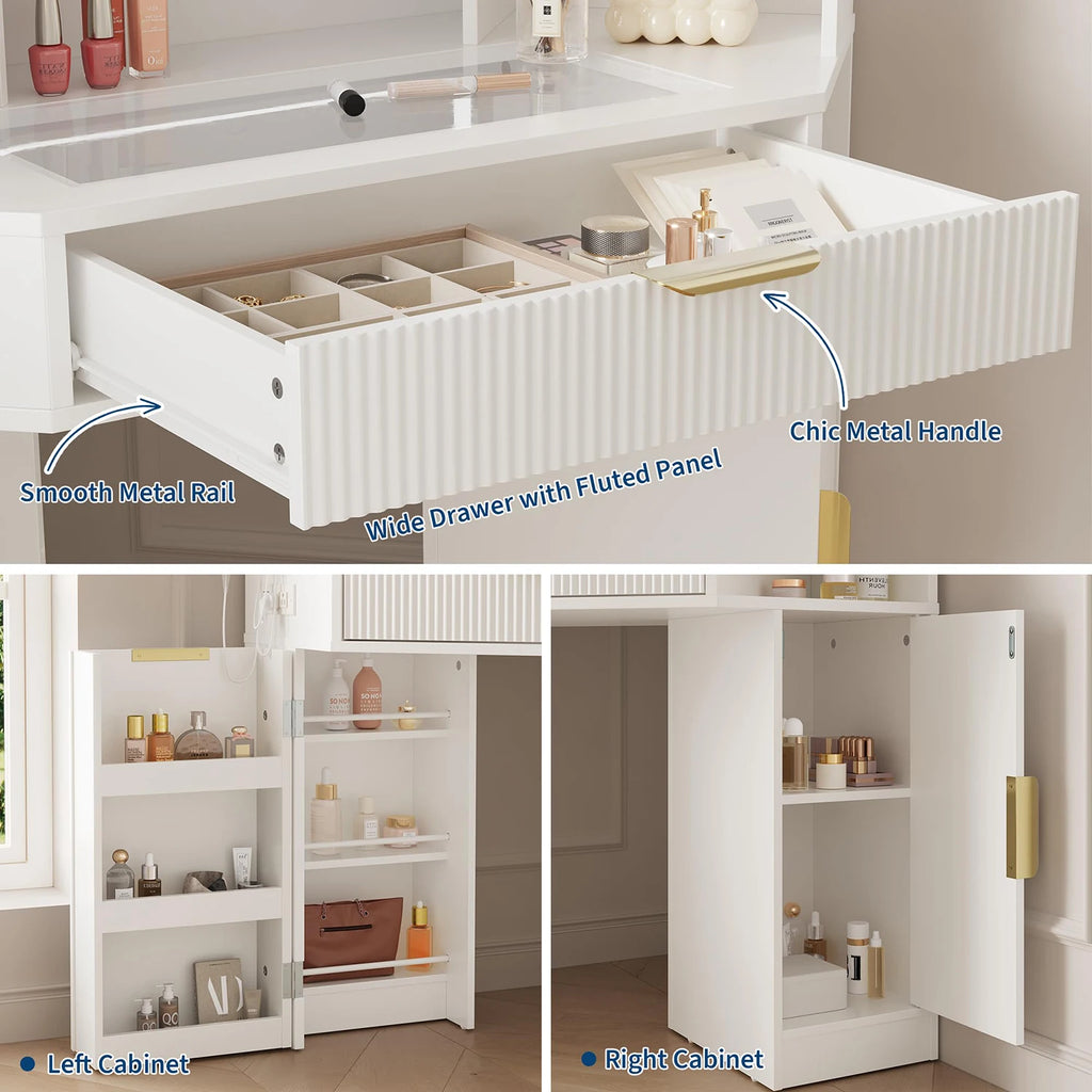 Corner vanity features a lighted mirror, glass top, charging station, and drawers.