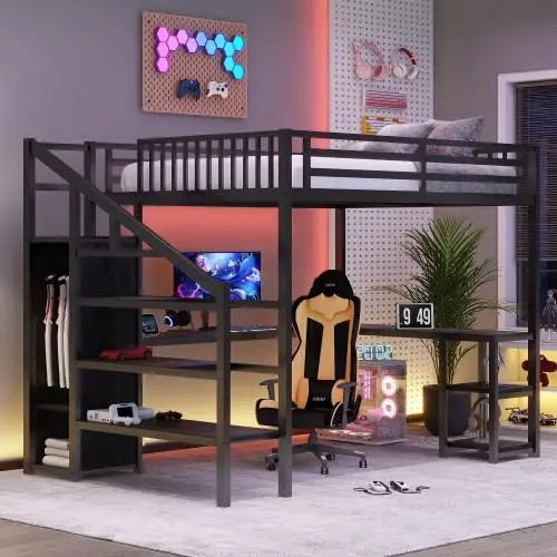 Queen Size Metal Loft Bed Frame With Stairs & Storage,