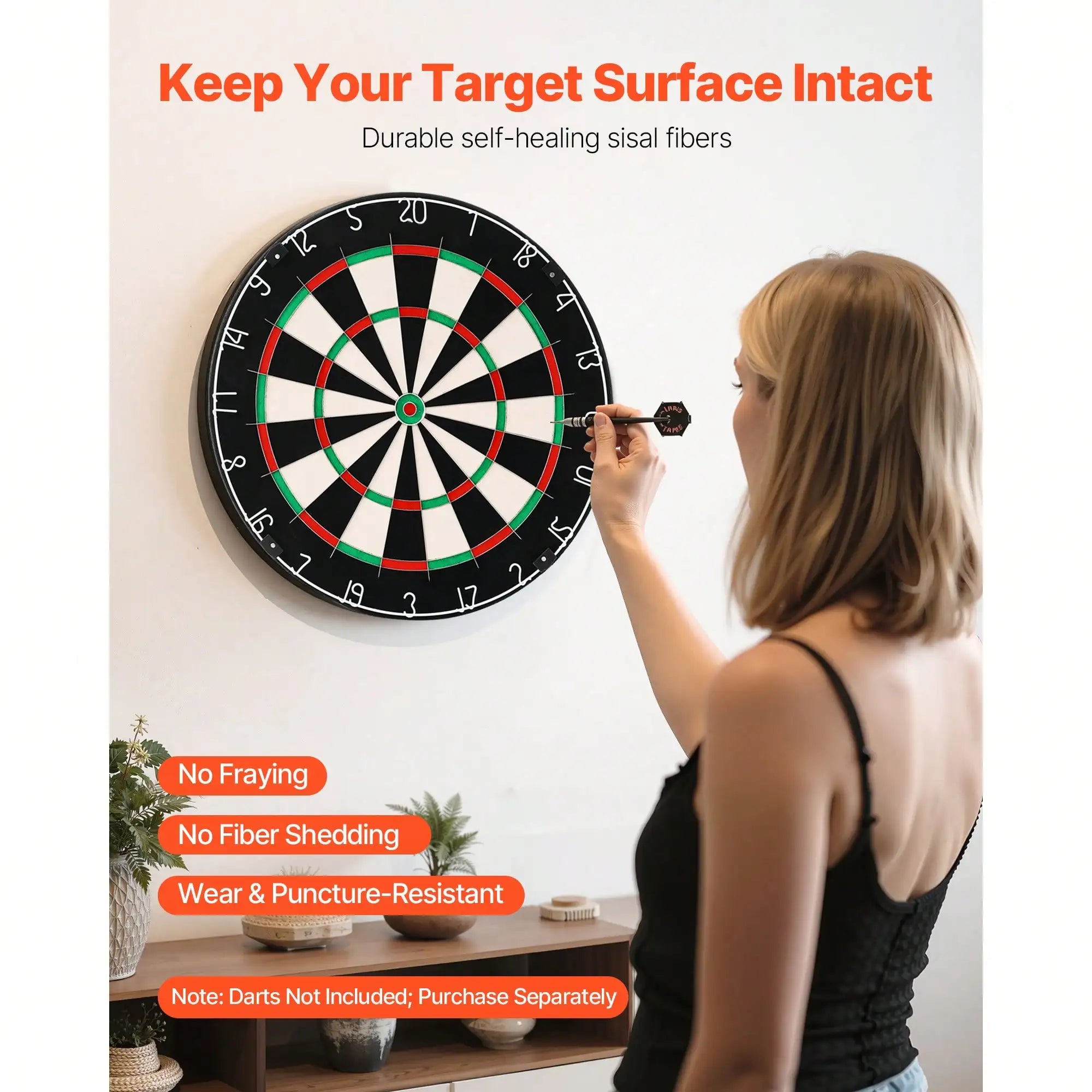 Dart Board, High-Grade Self-Healing Sisal Fiber. With Staple-Free Bullseye,