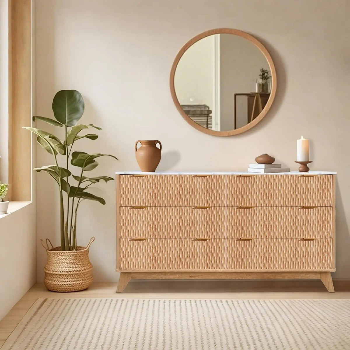 Modern fluted dresser offers six drawers, faux marble top, and versatile storage