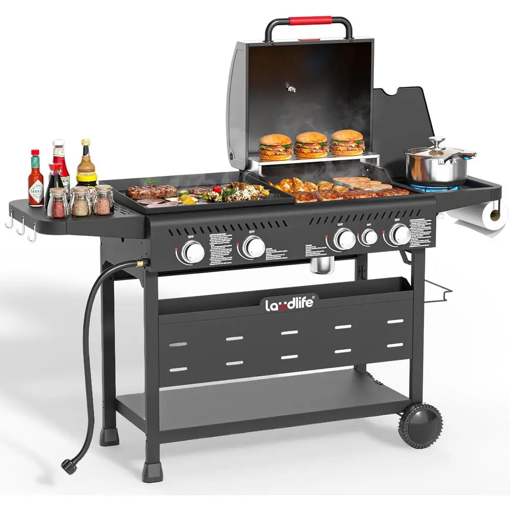 5-Burner Propane Grill Griddle Combo with Side Burner, Triple-Zone BBQ Gas Grill,