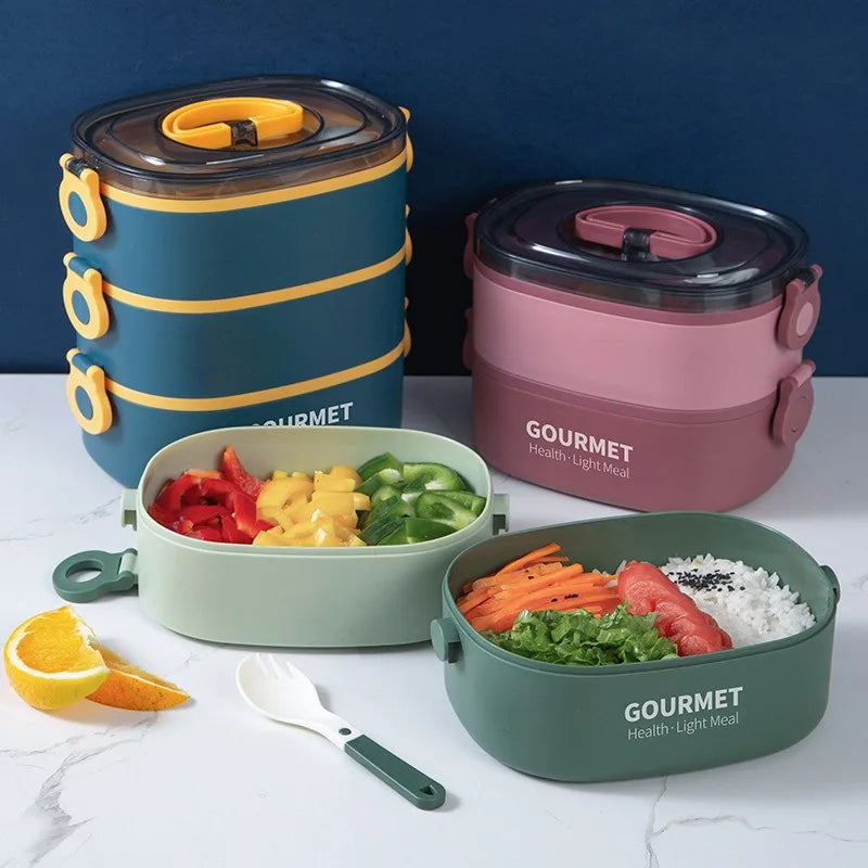 Lunch box, stackable 3-layer food container, leak-proof, microwave safe