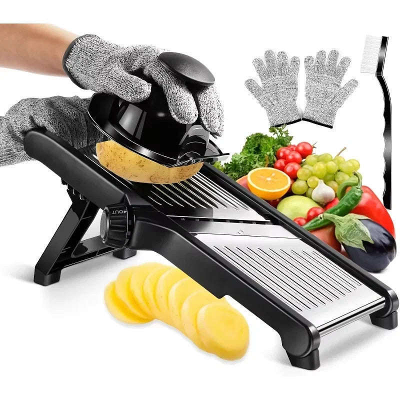 Stainless Steel Slicer /5 Blades & Holder - Safe Hand Guard Food Chopper.