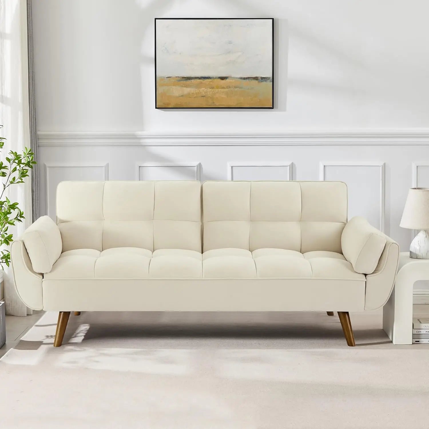 75" Linen Twin Size Futon Sofa Bed. Adjustable Split Backrest