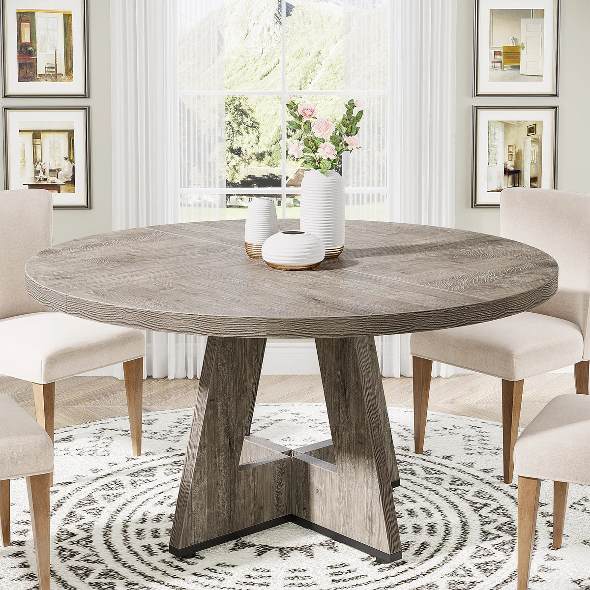 Round Dining Table for 4, 47 Inch Farmhouse Kitchen