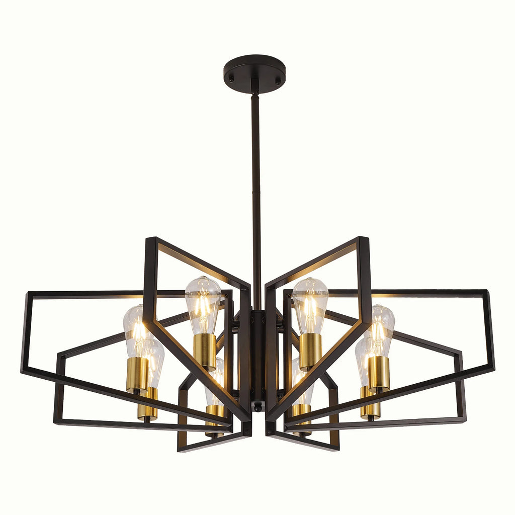 Modern 8-Light Gold and black Geometric Chandelier Adjustable Height Metal Pendant Light