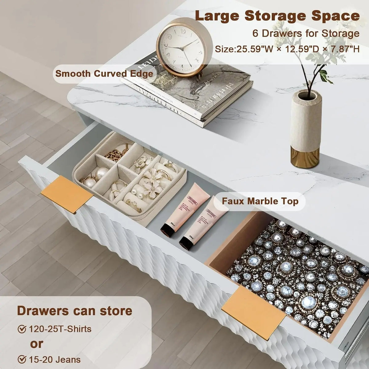 Modern fluted dresser offers six drawers, faux marble top, and versatile storage