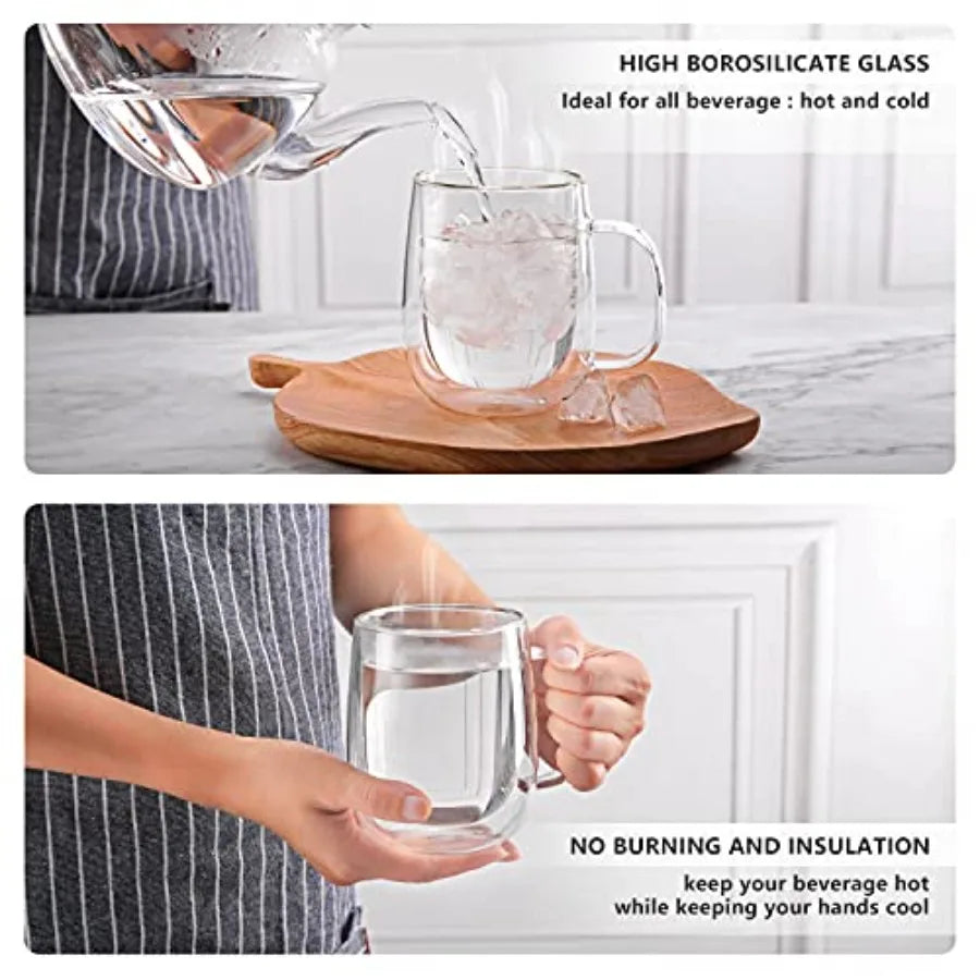Glass Coffee Mugs 12oz, Double Wall Insulated Mug Set with Handle