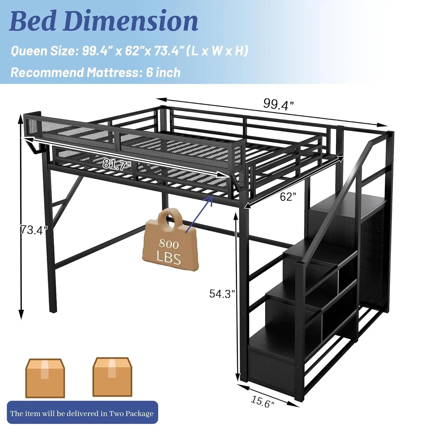 Queen Size Metal Loft Bed Frame With Stairs & Storage,