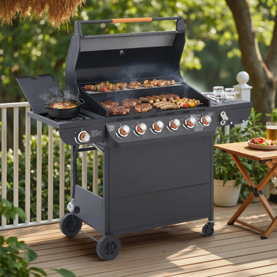 6 Burner BBQ Propane Gas Grill with Side Burner 72000 BTU Output Stainless Steel Barbecue Grill with Cast Iron Grates and Side