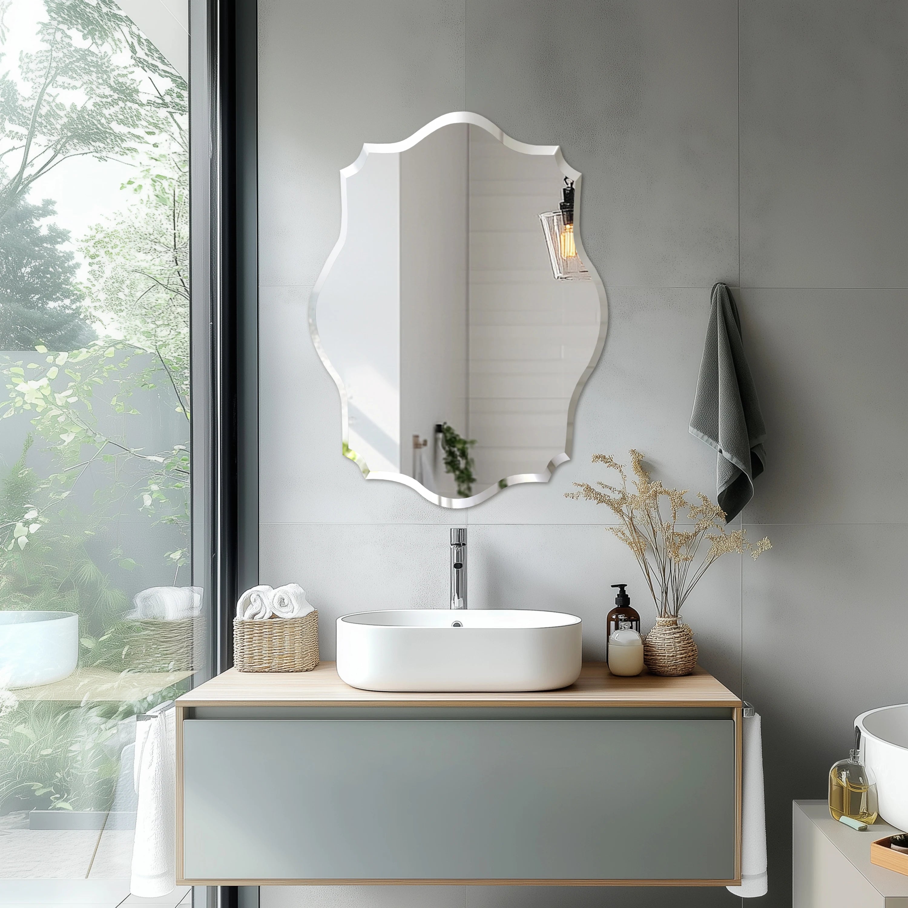 Wall Mirror Scalloped Frameless Beveled Edge Polished
