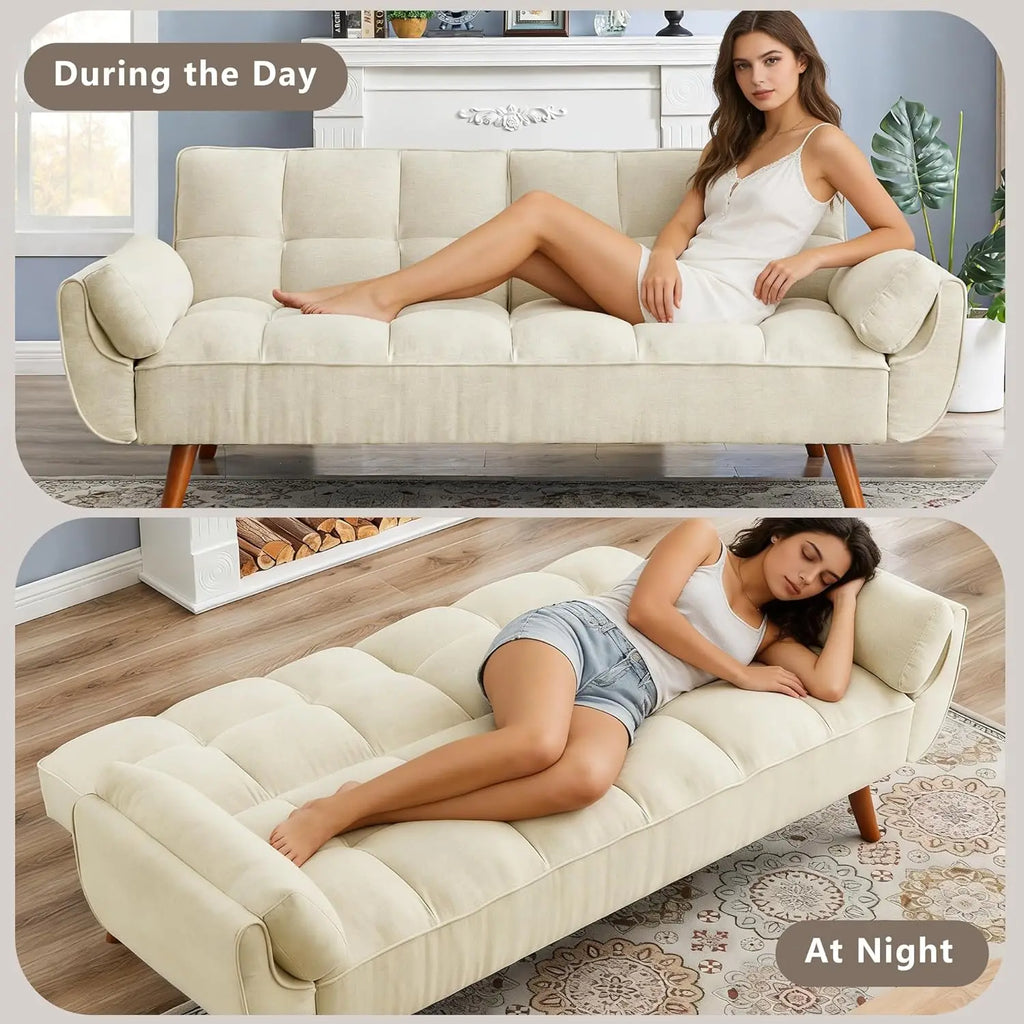 75" Linen Twin Size Futon Sofa Bed. Adjustable Split Backrest