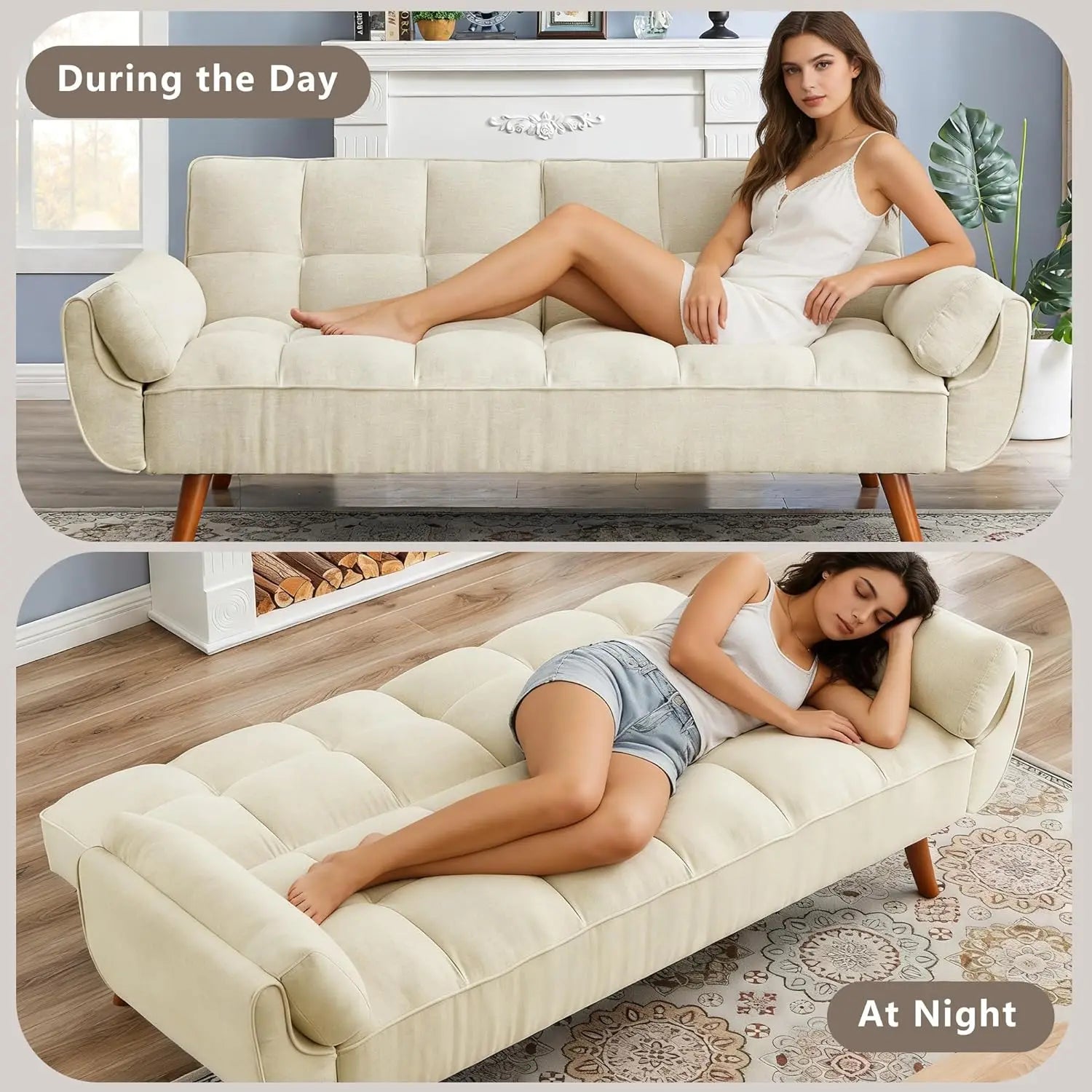 75" Linen Twin Size Futon Sofa Bed. Adjustable Split Backrest