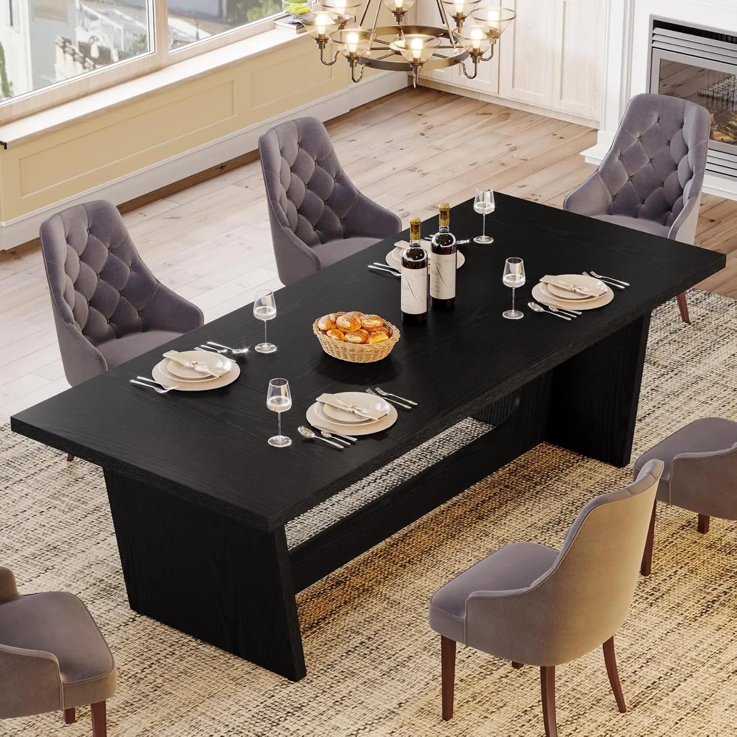 Dining Room Table with Solid Pedestal, Rustic Long Dinner Table