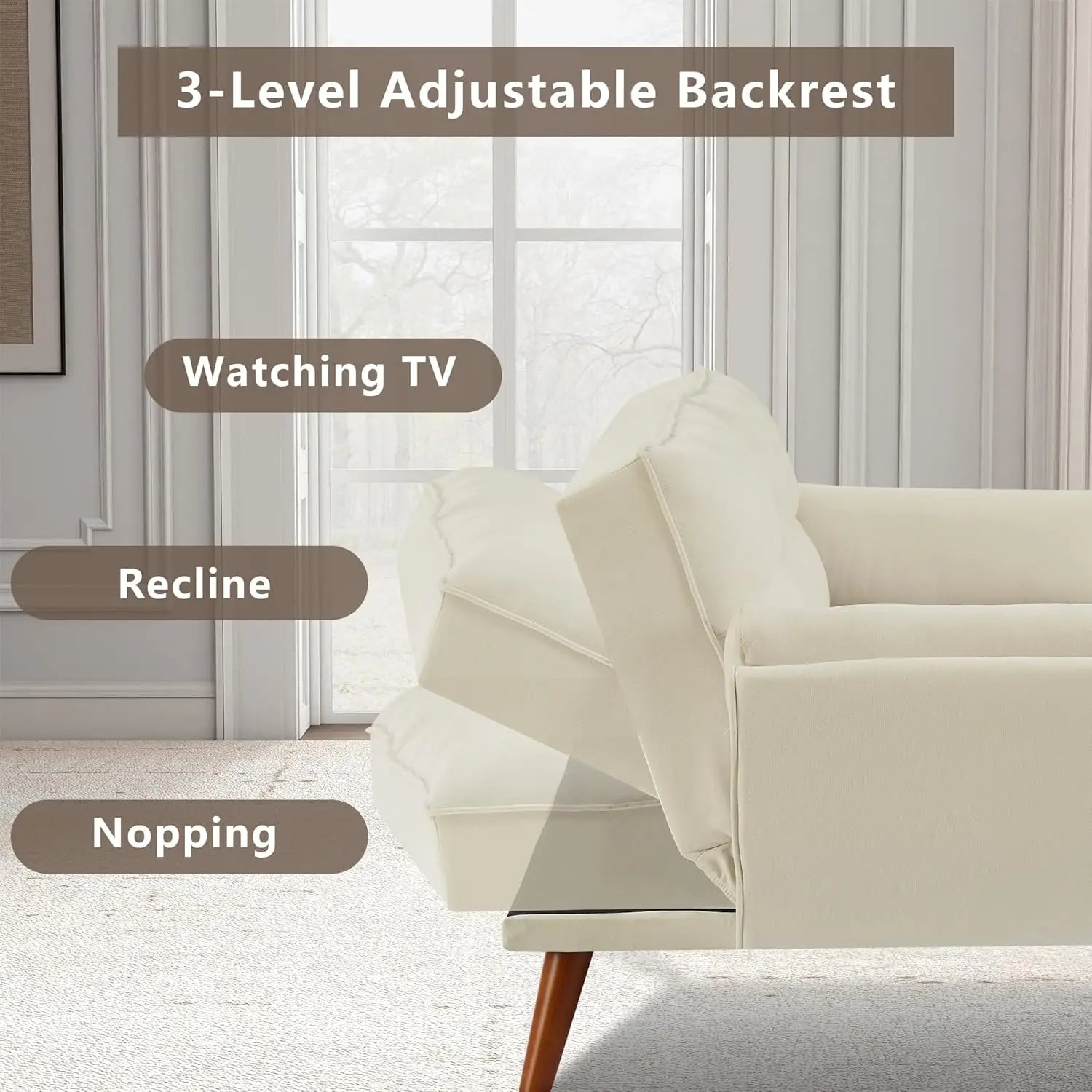 75" Linen Twin Size Futon Sofa Bed. Adjustable Split Backrest