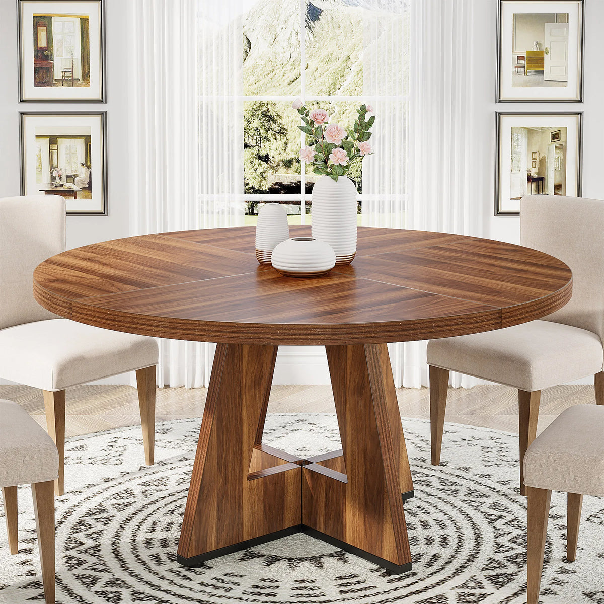Round Dining Table for 4, 47 Inch Farmhouse Kitchen