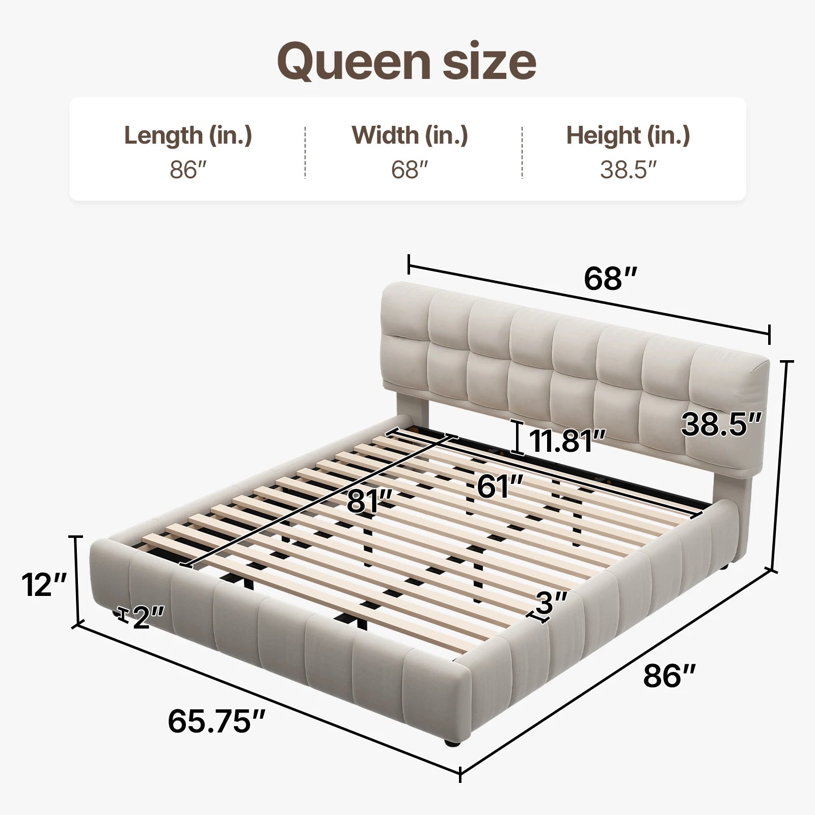 Headboard and Footboard Queen Size Modern Soft Cloud Platform Bed with 38.5-inch,