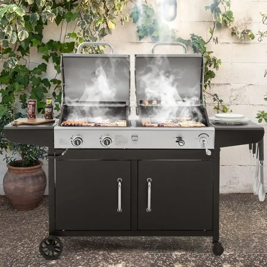 ZH3002N Propane Gas and Charcoal Grill Combo, Dual Fuel BBQ Grill with 2 Side Shelves