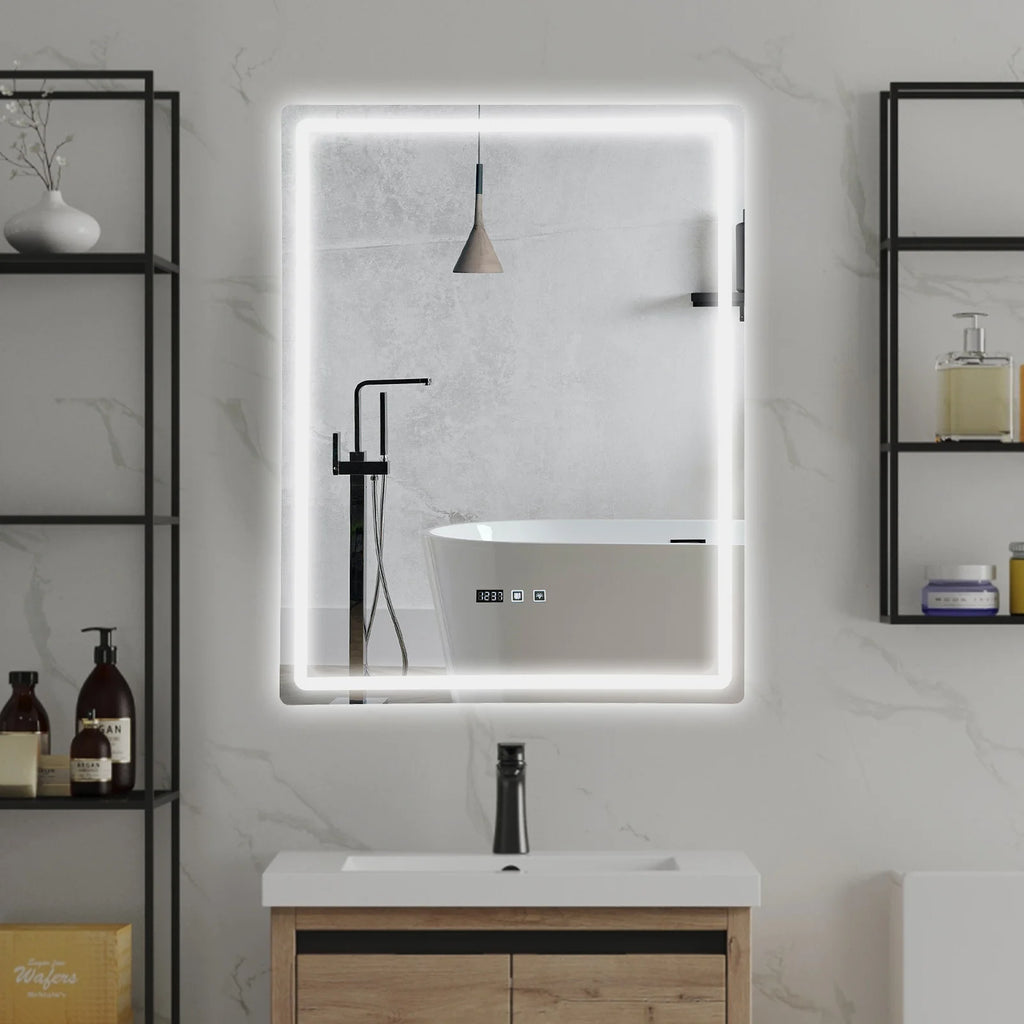 Rectangle Tri-Color Dimmable LED Mirror with Display Demist Touch IP54 Waterproof.