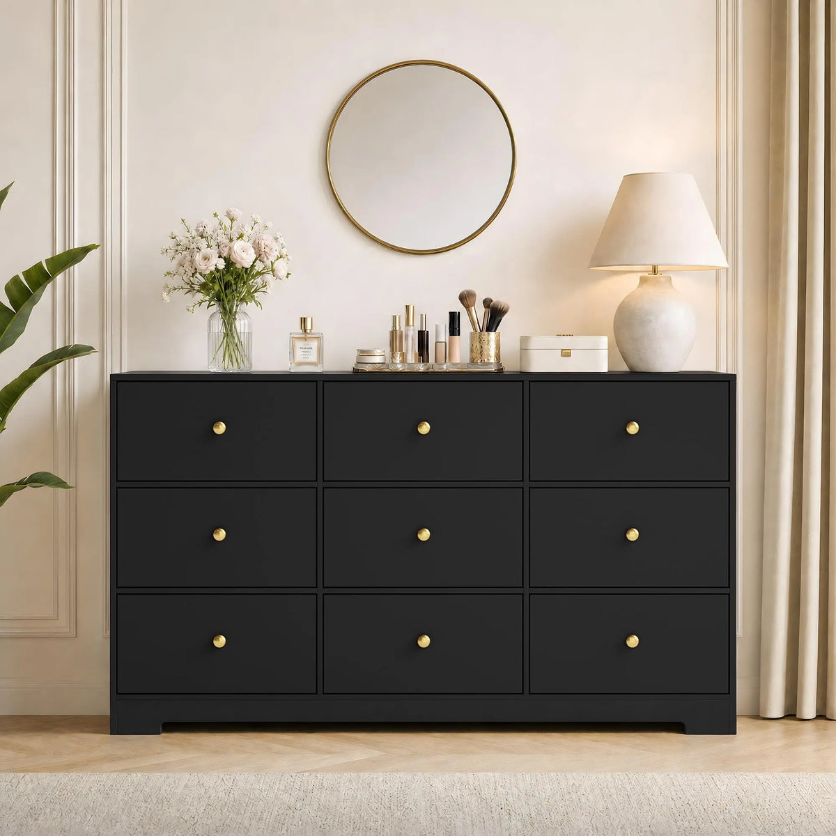 Wide nine-drawer dresser provides modern wood storage with elegant gold handles.
