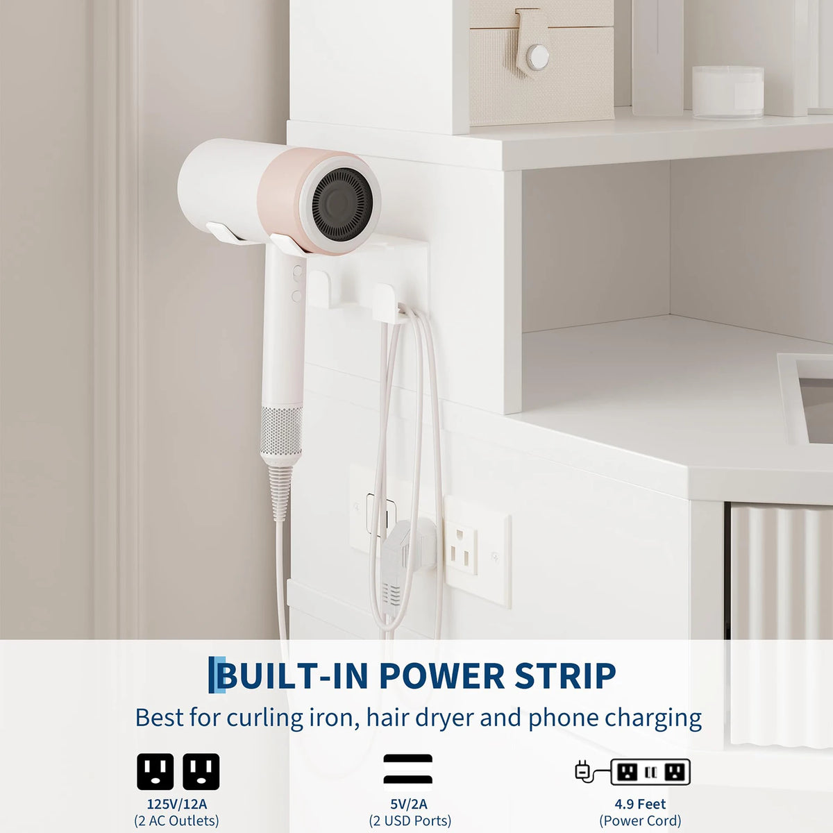 Corner vanity features a lighted mirror, glass top, charging station, and drawers.