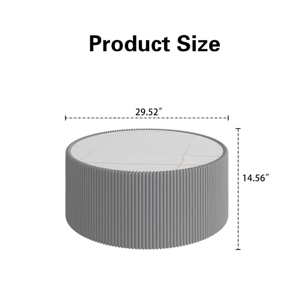 29.52" Grey Round Coffee Table Sintered Stone Top Fluted PU Leather Base