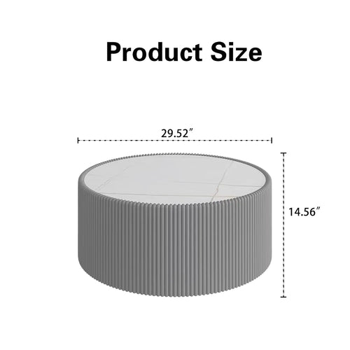 29.52" Grey Round Coffee Table Sintered Stone Top Fluted PU Leather Base