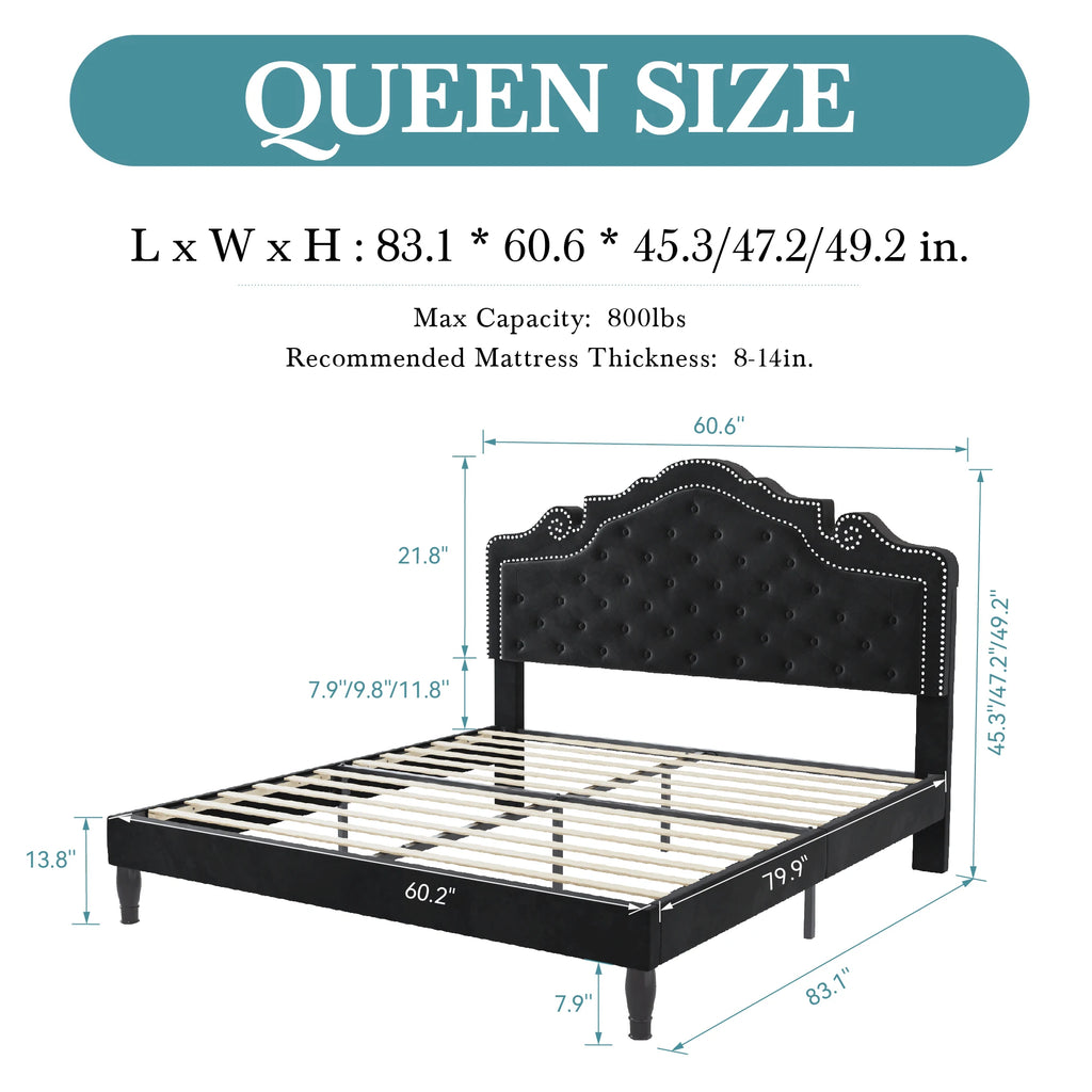 Full/Queen/King Size Velvet Bed Frame with Adjustable Tiara Headboard, Diamond Tufted Upholstered