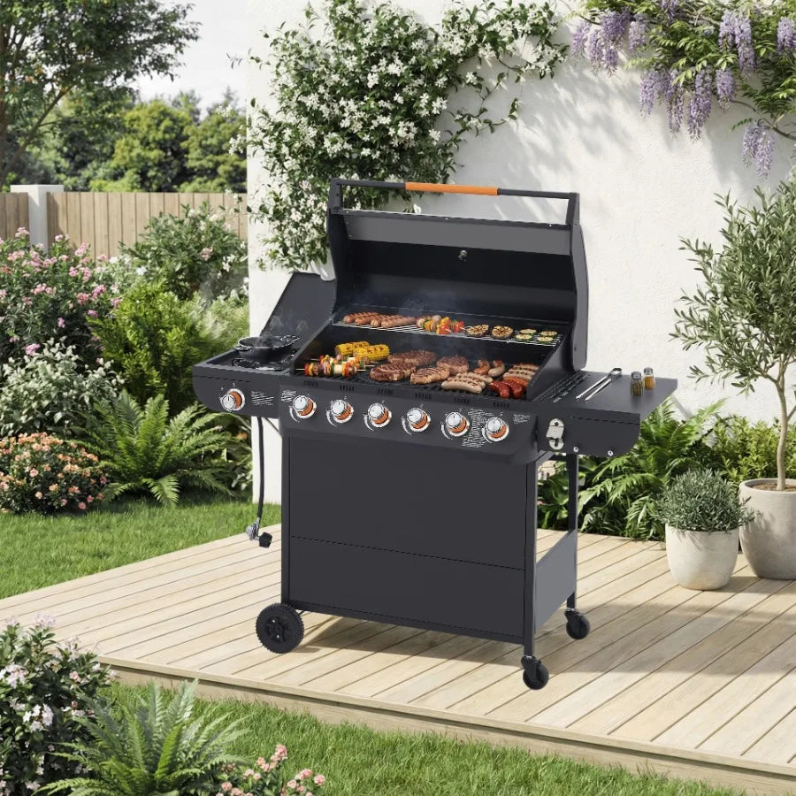 6 Burner BBQ Propane Gas Grill with Side Burner 72000 BTU Output Stainless Steel Barbecue Grill with Cast Iron Grates and Side