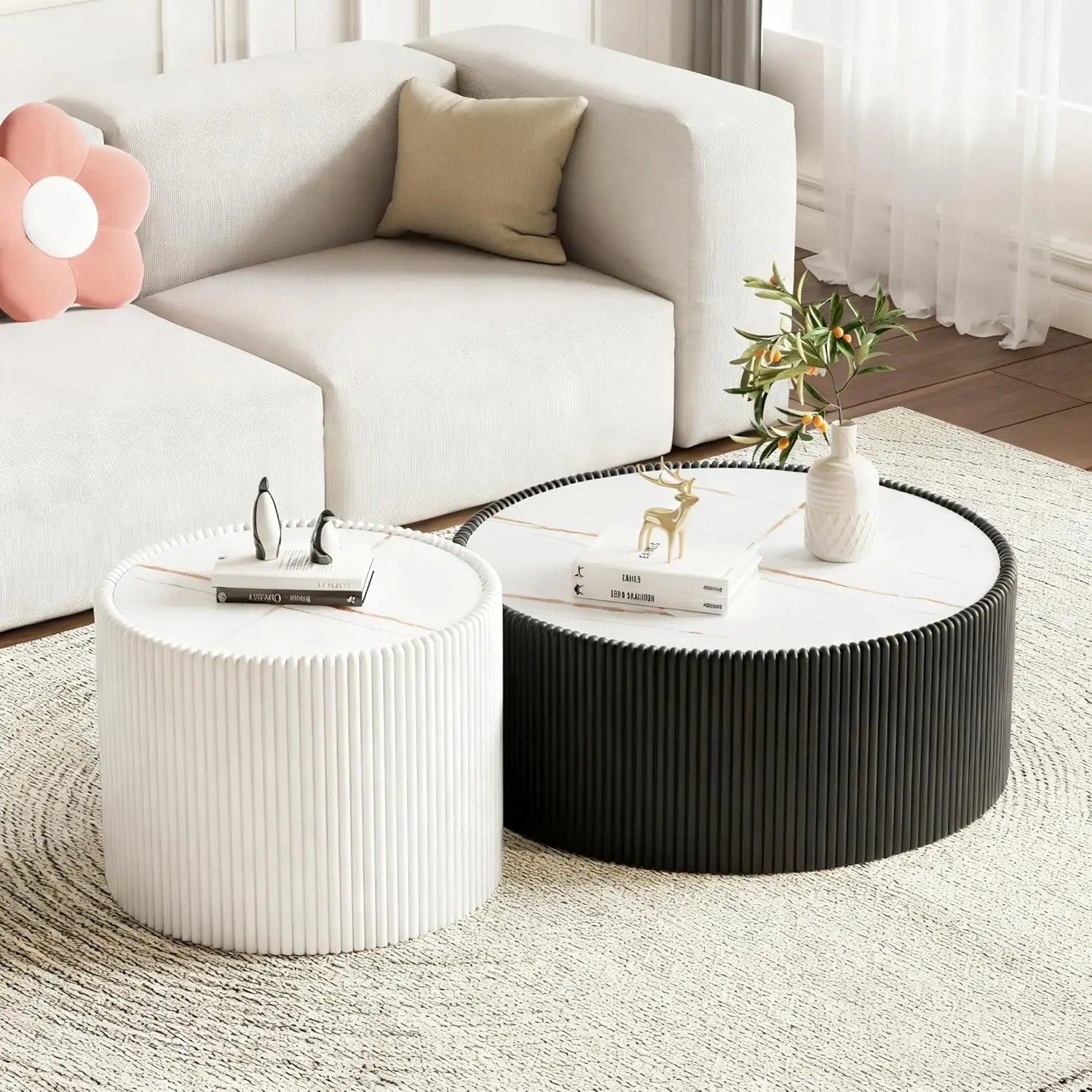 29.52" Grey Round Coffee Table Sintered Stone Top Fluted PU Leather Base