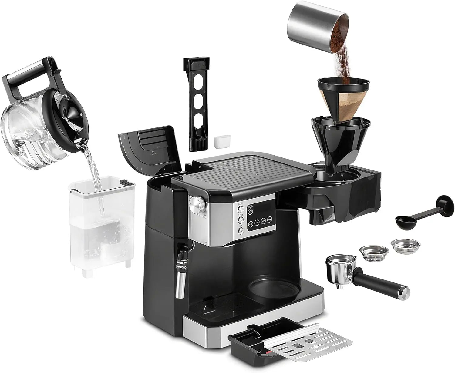 Combination Coffee Maker Espresso Machine Cappuccino Latte Milk Frother Glass Pot