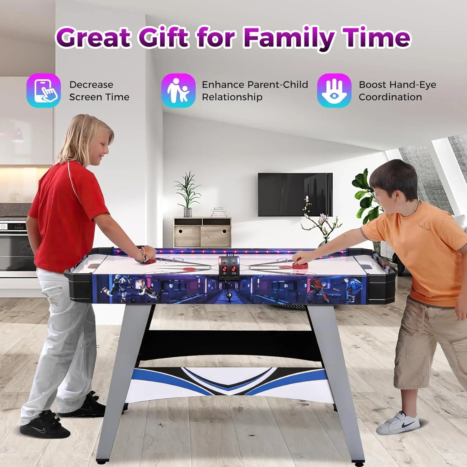 54' 12 Volt Air Hockey Table w/LED Scoreboard, Lights, 2 Pucks, 2 Pushers