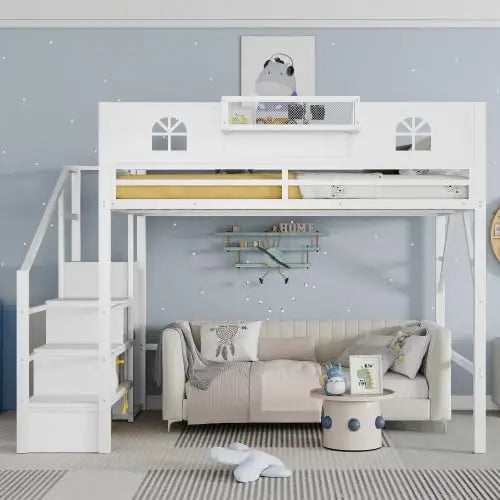 Queen Size Metal Loft Bed Frame With Stairs & Storage,