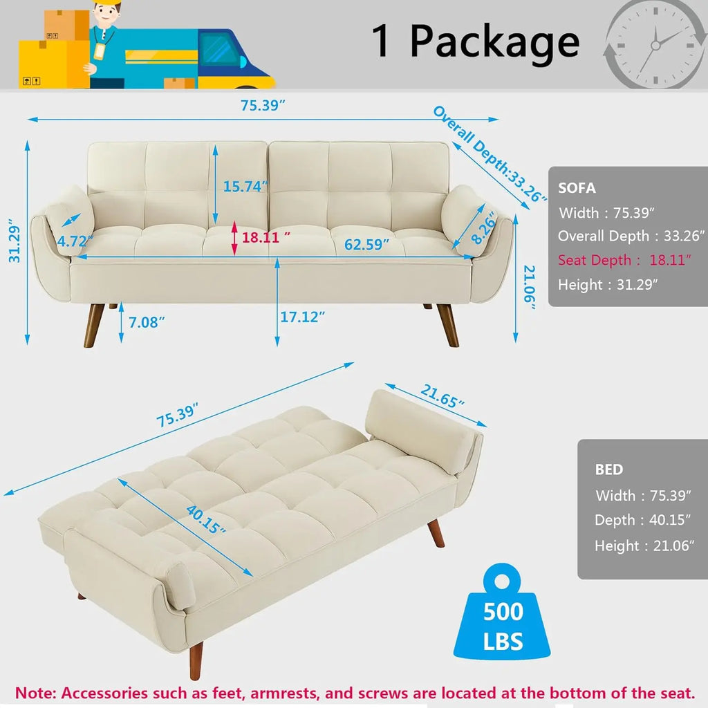 75" Linen Twin Size Futon Sofa Bed. Adjustable Split Backrest